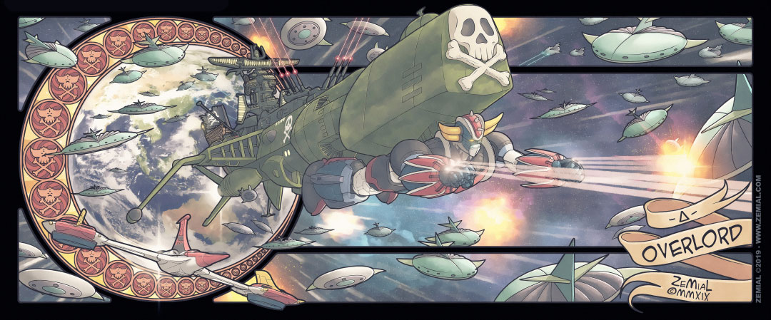 Illustration OVERLORD représentant Goldorak, Alcorak (Goldorak) et l'Arcadia (Albator)