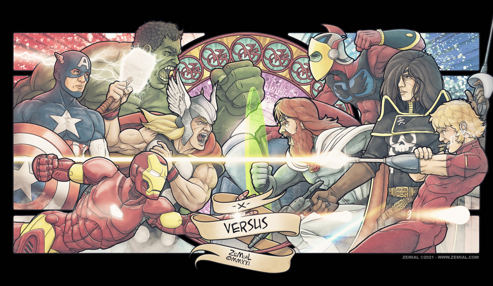Illustration OVERLORD représentant Goldorak, Alcorak (Goldorak) et l'Arcadia (Albator)